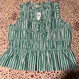 LOFT Green and White Ruffled Peplum Blouse